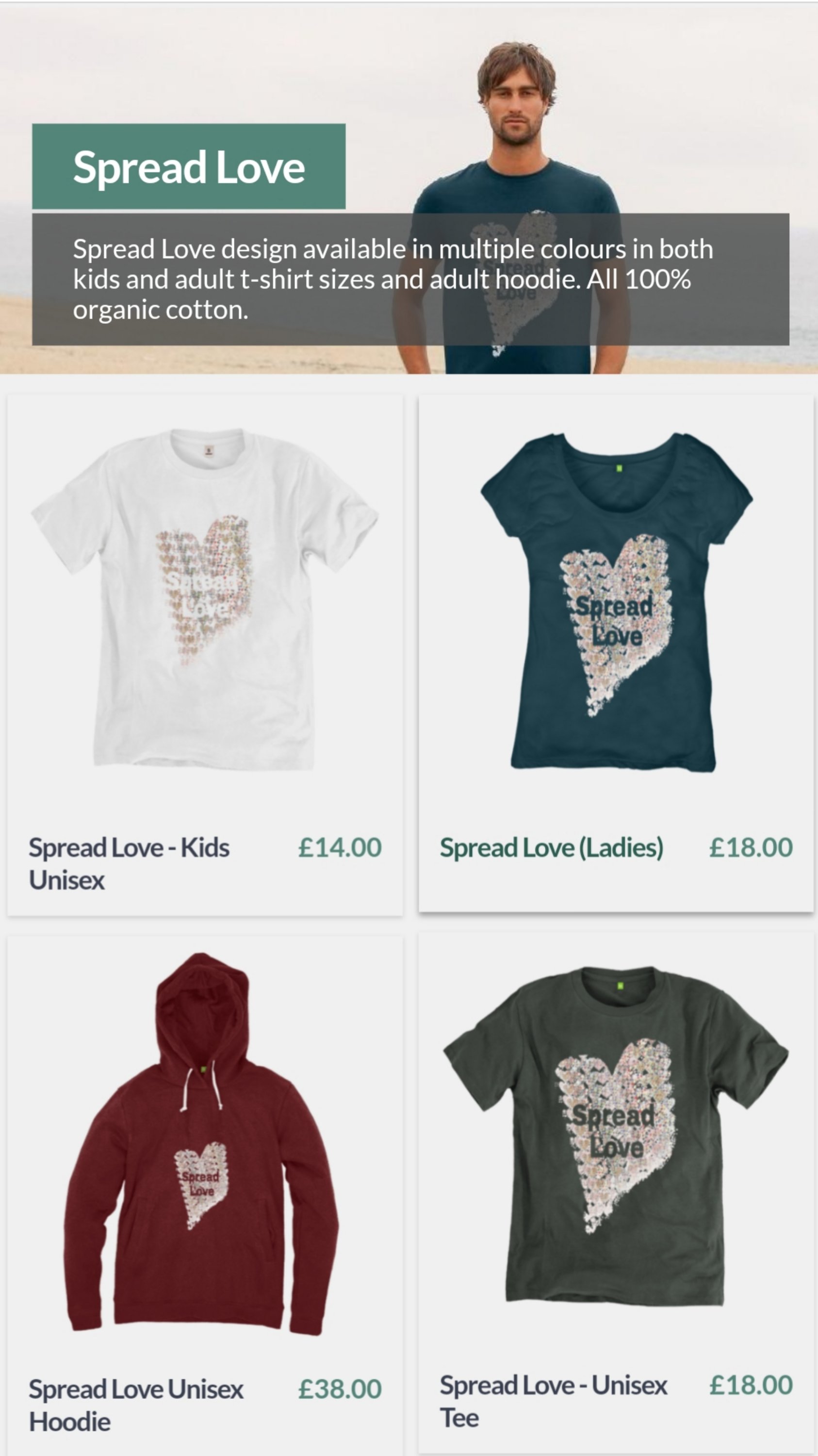 sustainable, ethical, eco, fashion, clothing, spread love, hoodie, t shirt, kids top, adult tee