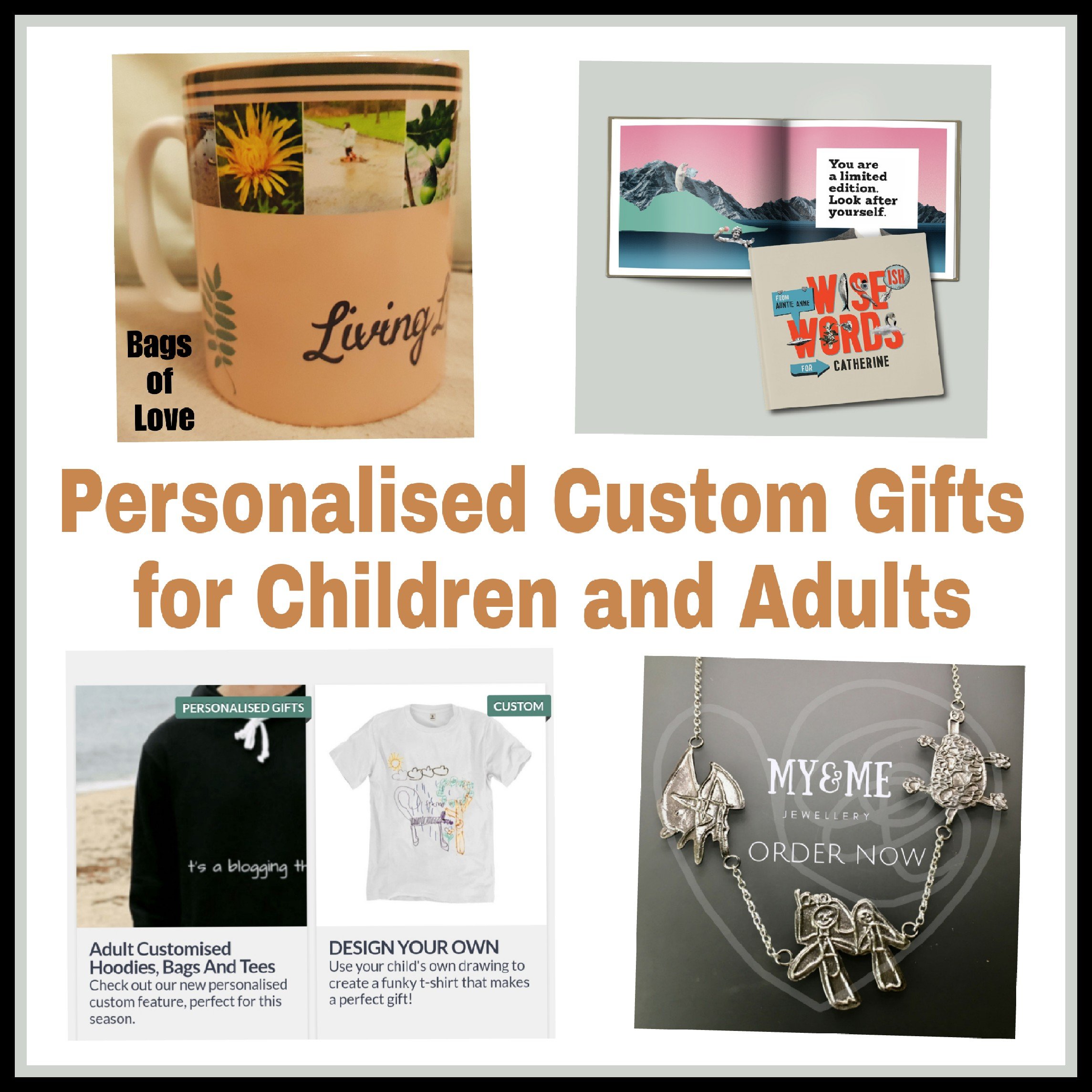 Collage of 4 pictures with caption Personalised Custom Gifts for Children and Adults. Gift guide images. 
