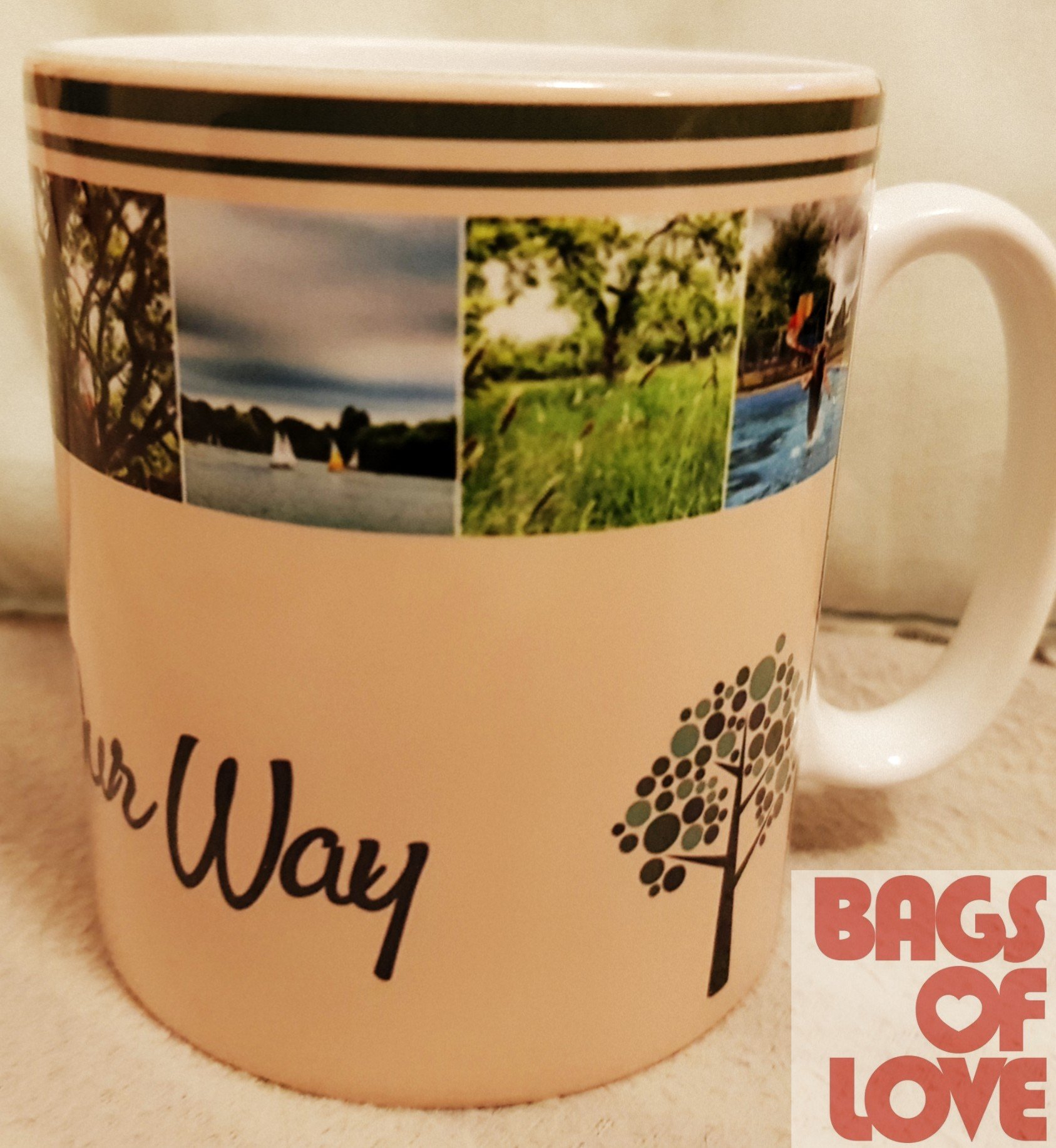Living Life Our Way personalised photo mug with Bags of Love logo in right hand corner of image.