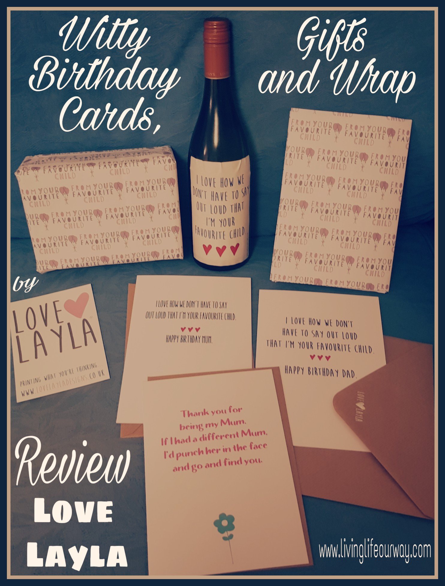 Love Layla greetings card, wrap and wine label for favourite child range.