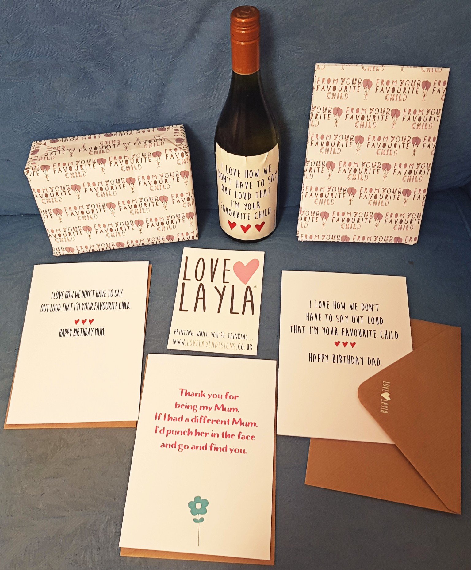 Love Layla greetings cards, wine label and wrapping paper.