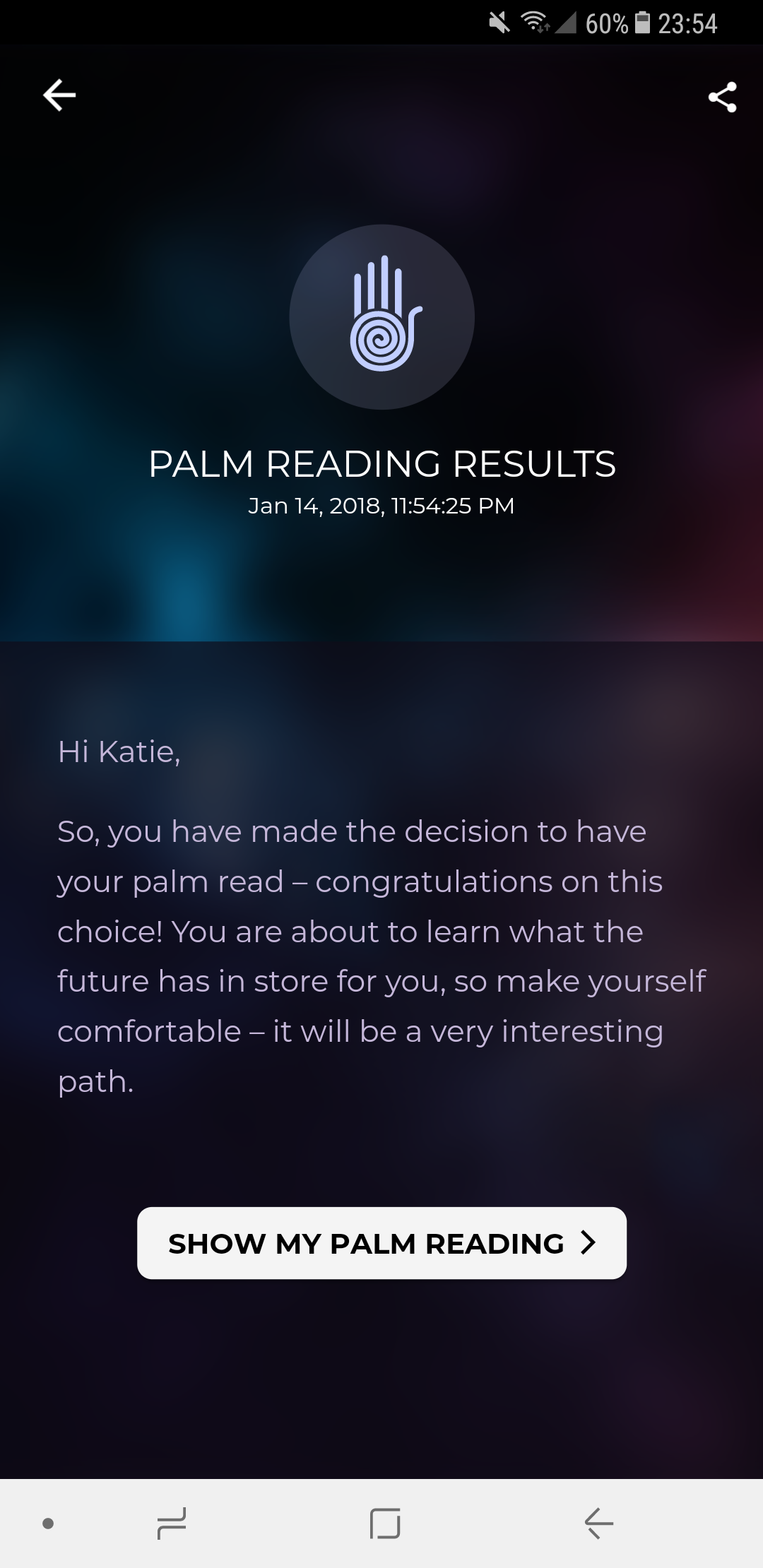 A screenshot of the palm reading app