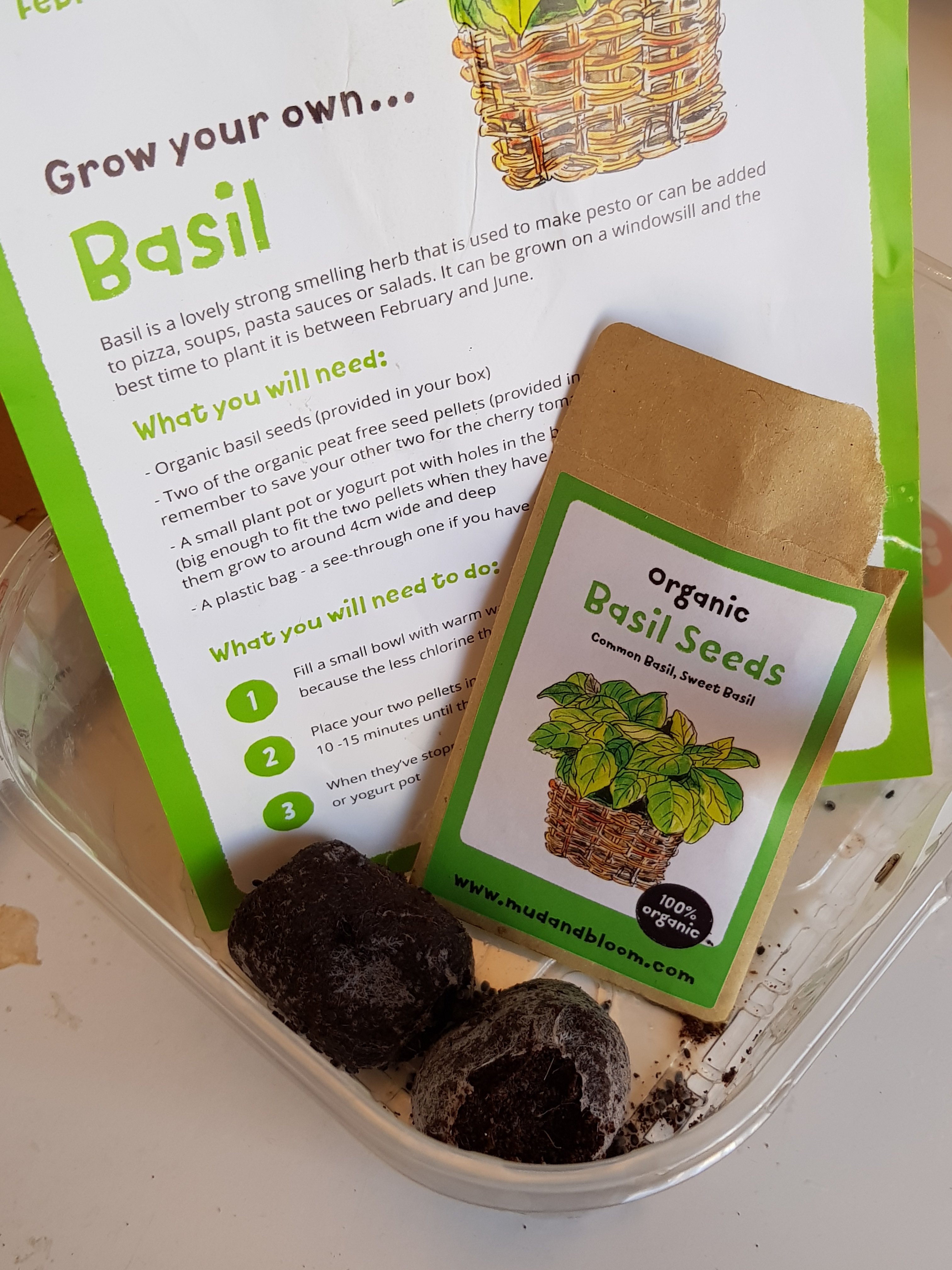Grow your own basil - mud and bloom - packet of seeds and instruction card image.