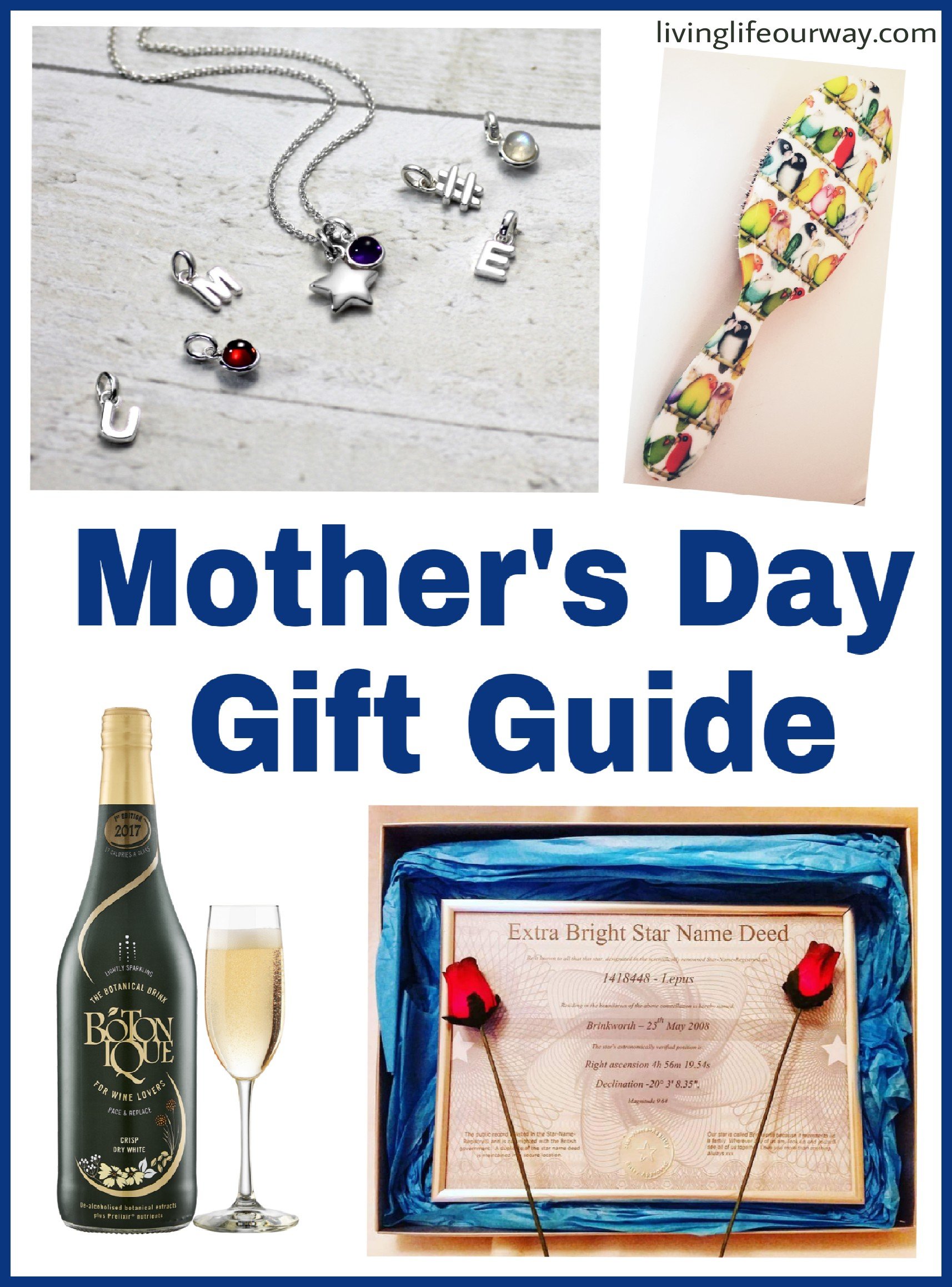 Mothers Day gift guide to title with image of botonique, rock and ruddle hairbrush, extra bright star gift set and hersey & son silver star pendant jewellery