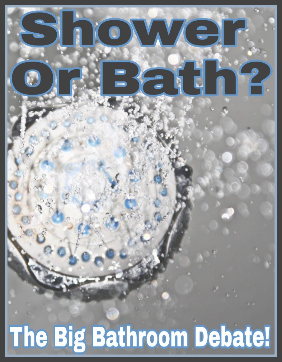 Shower Or Bath? The Big Bathroom Debate! title on faded water background image