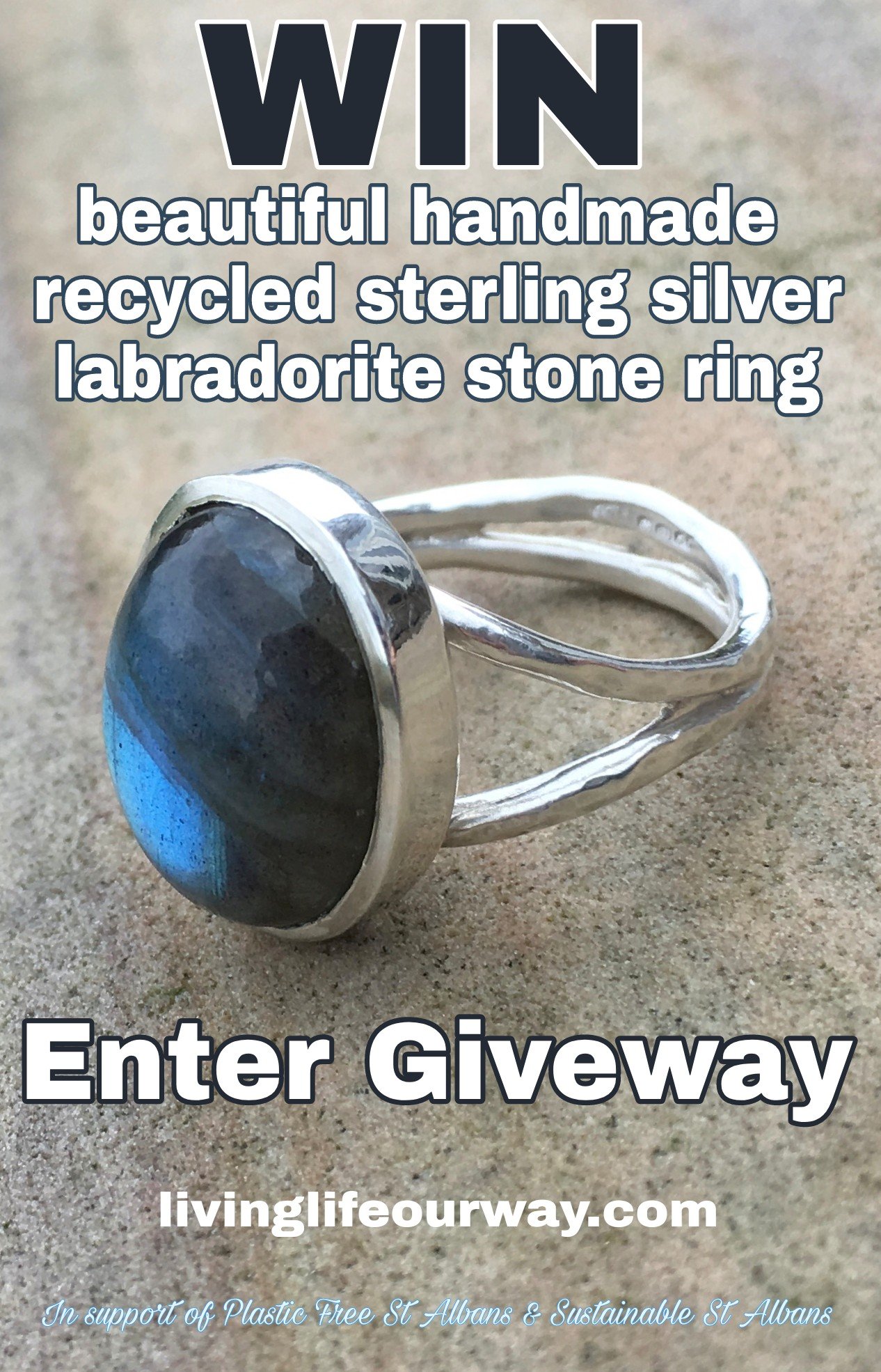 Handmade recycled silver labradorite stone ring image and giveaway wording
