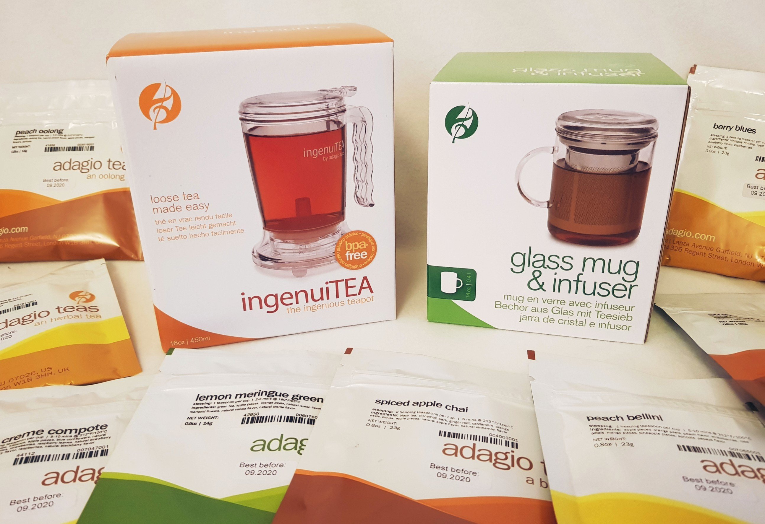 Adagio Teas Prize - ingenuitea, glass mug and infuser, tea samplea