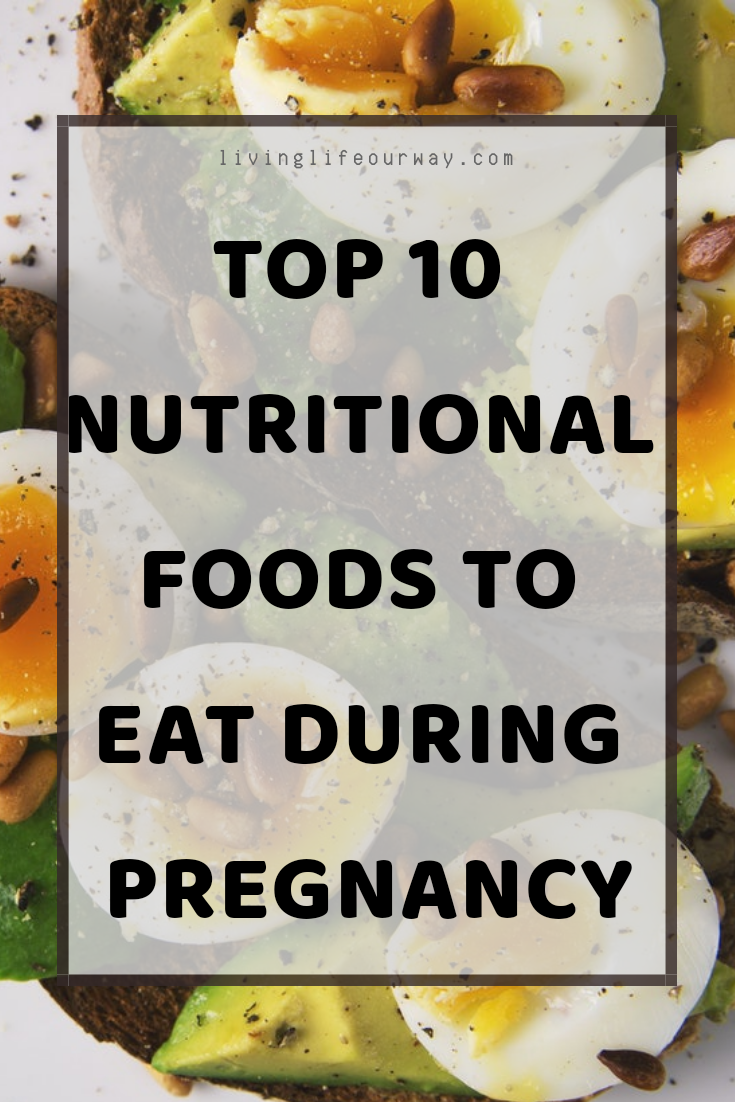 Top 10 Nutritional Foods to Eat During Pregnancy title with image of egg and avacado with grains