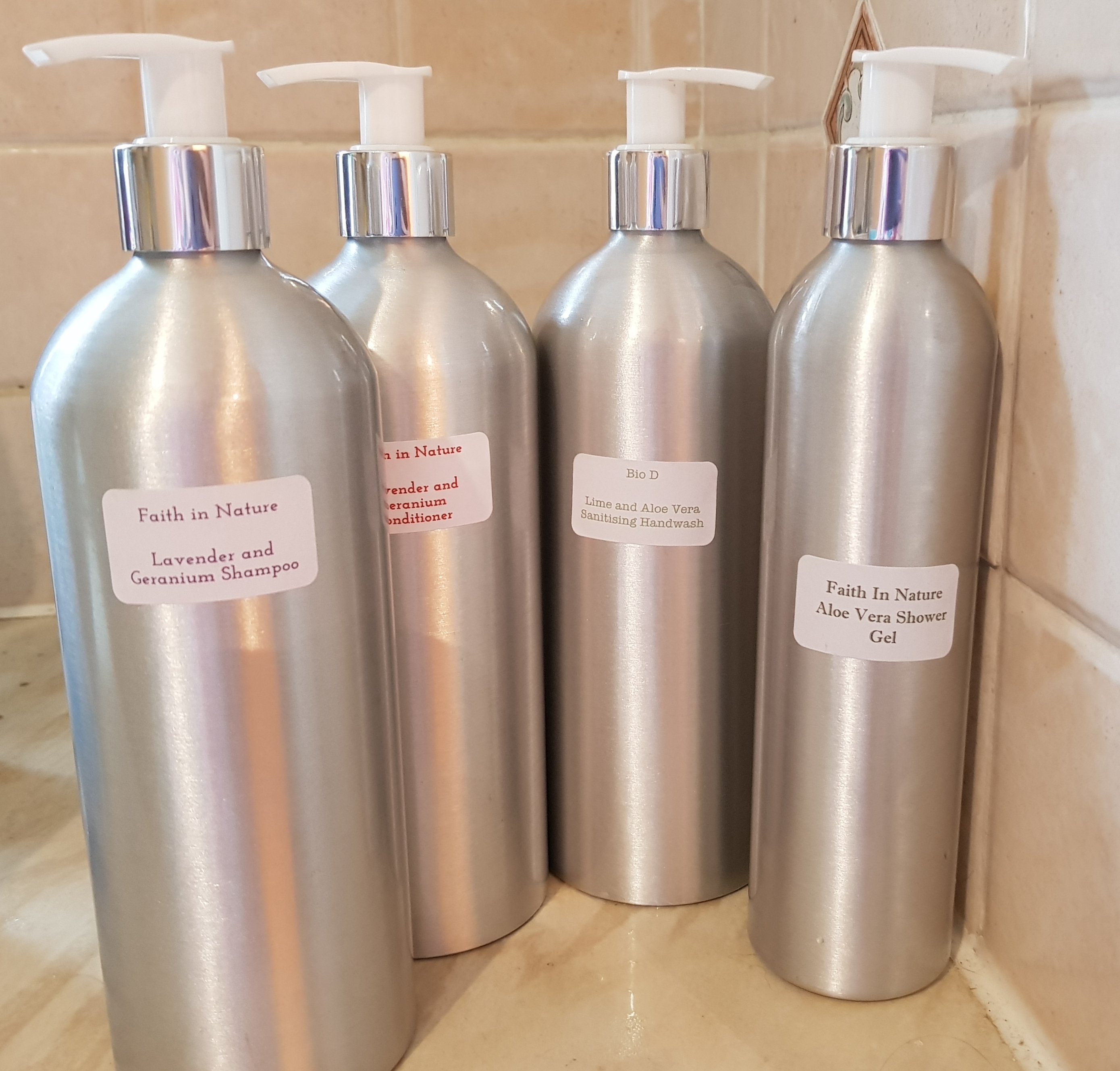 Zero waste refillable, reusable dispensers shampoo, conditioner, showel gel and handwash