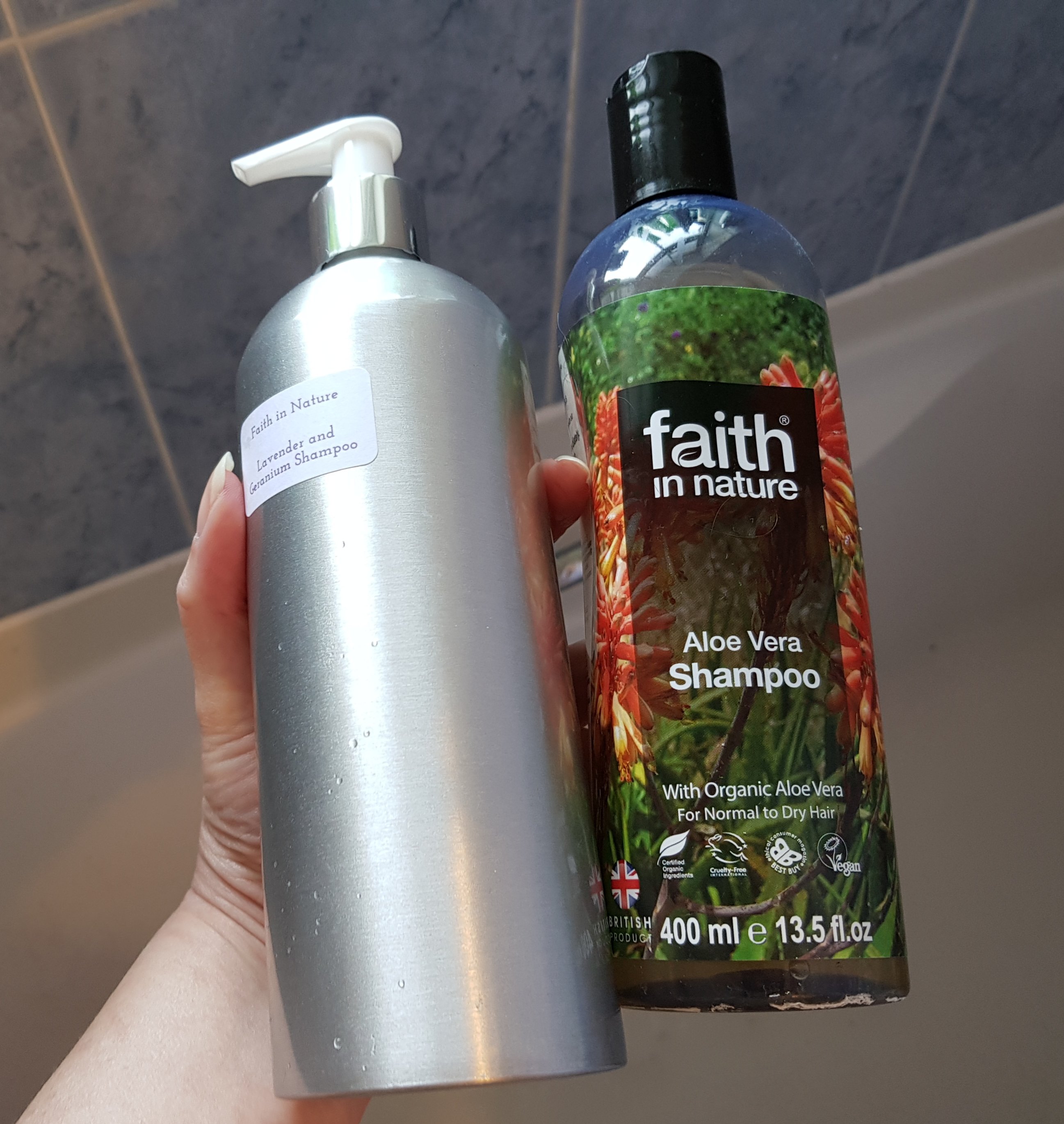 Plastic bottle of shampoo switched for zero waste refillable reusable dispenser