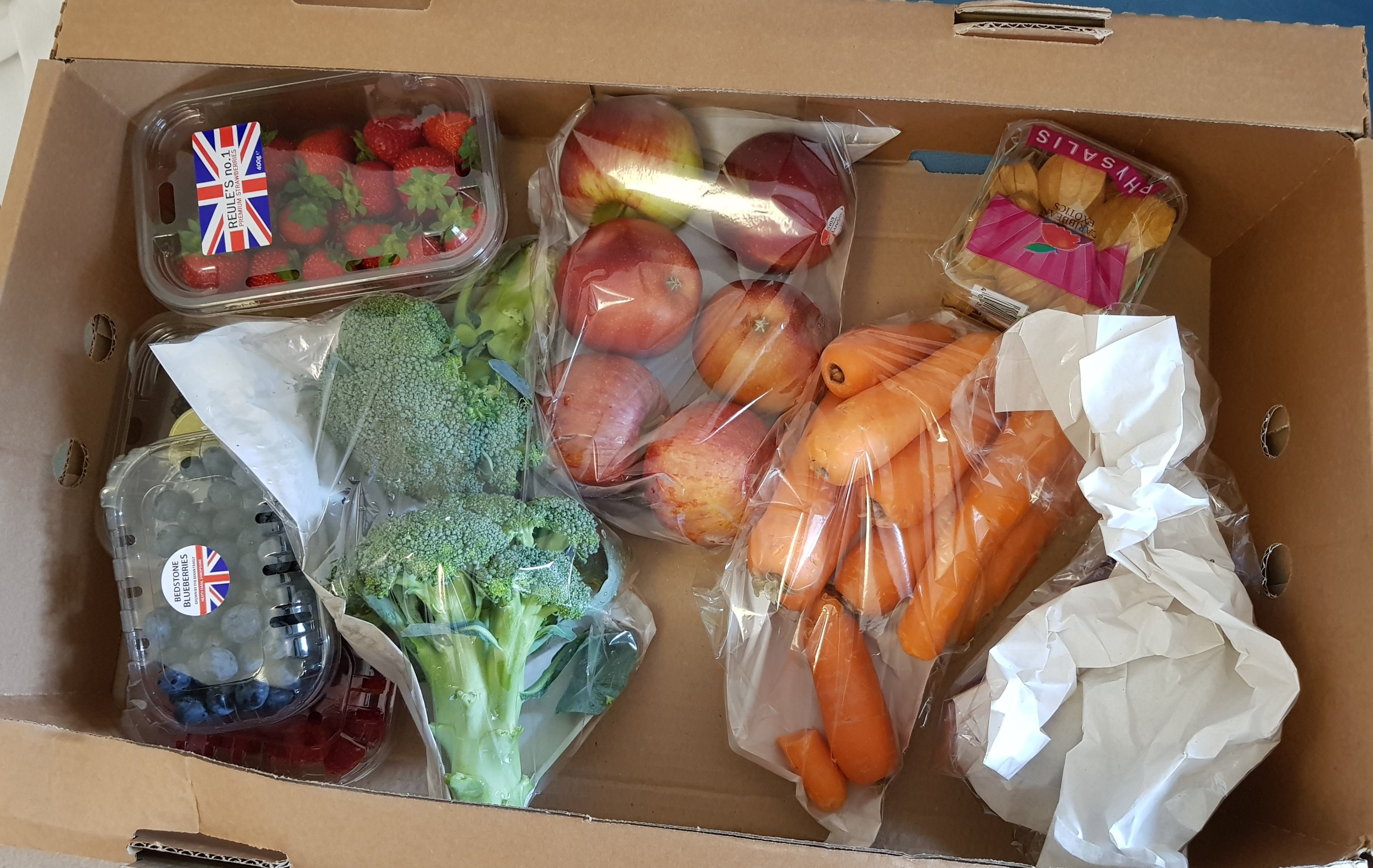 Fruit and veg box full of plastic packaging