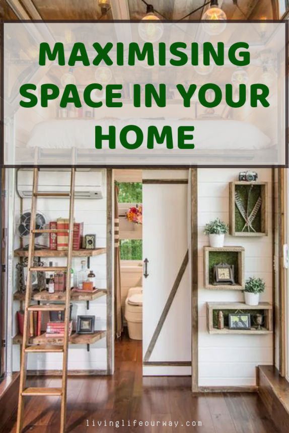 Maximising Space in Your Home text with image of shelving in a small room