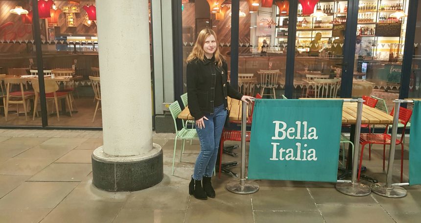 Katie - Living Life Our Way - outside Bella Italia
