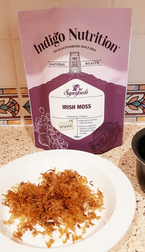 Indigo Herbs Irish Moss. Seaweed on plate, packet.