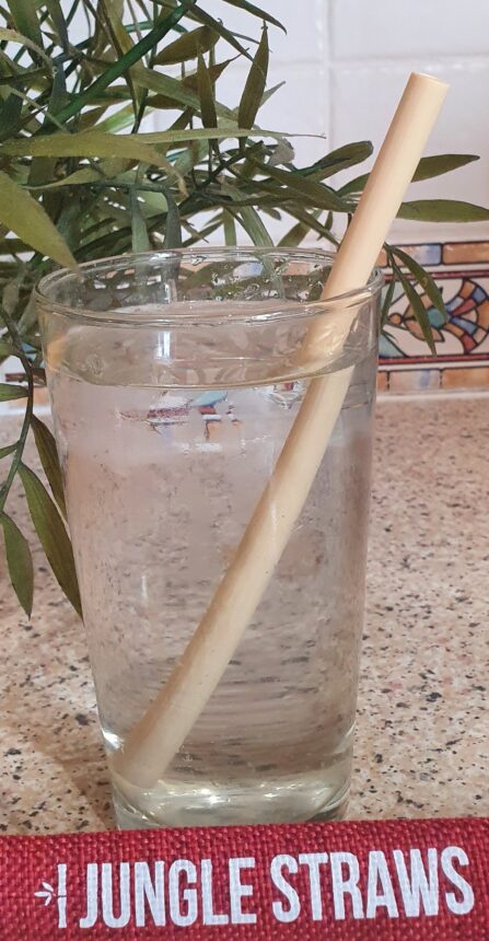 Bamboo straw in glass of water. Red Jungle Straws pouch in front.JungleCulture Eco Products: Review and Giveaway