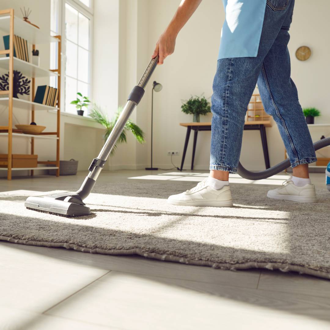 A person vacuuming a gray rug in a room with white walls, windows, plants on the windowsill, and a simple wood shelf.