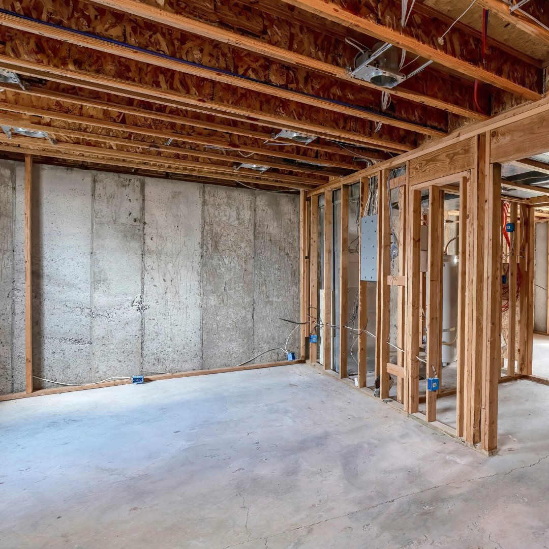 A basement with unfinished walls and ceilings. The exposed wooden framework creates numerous spaces and reveals plywood.