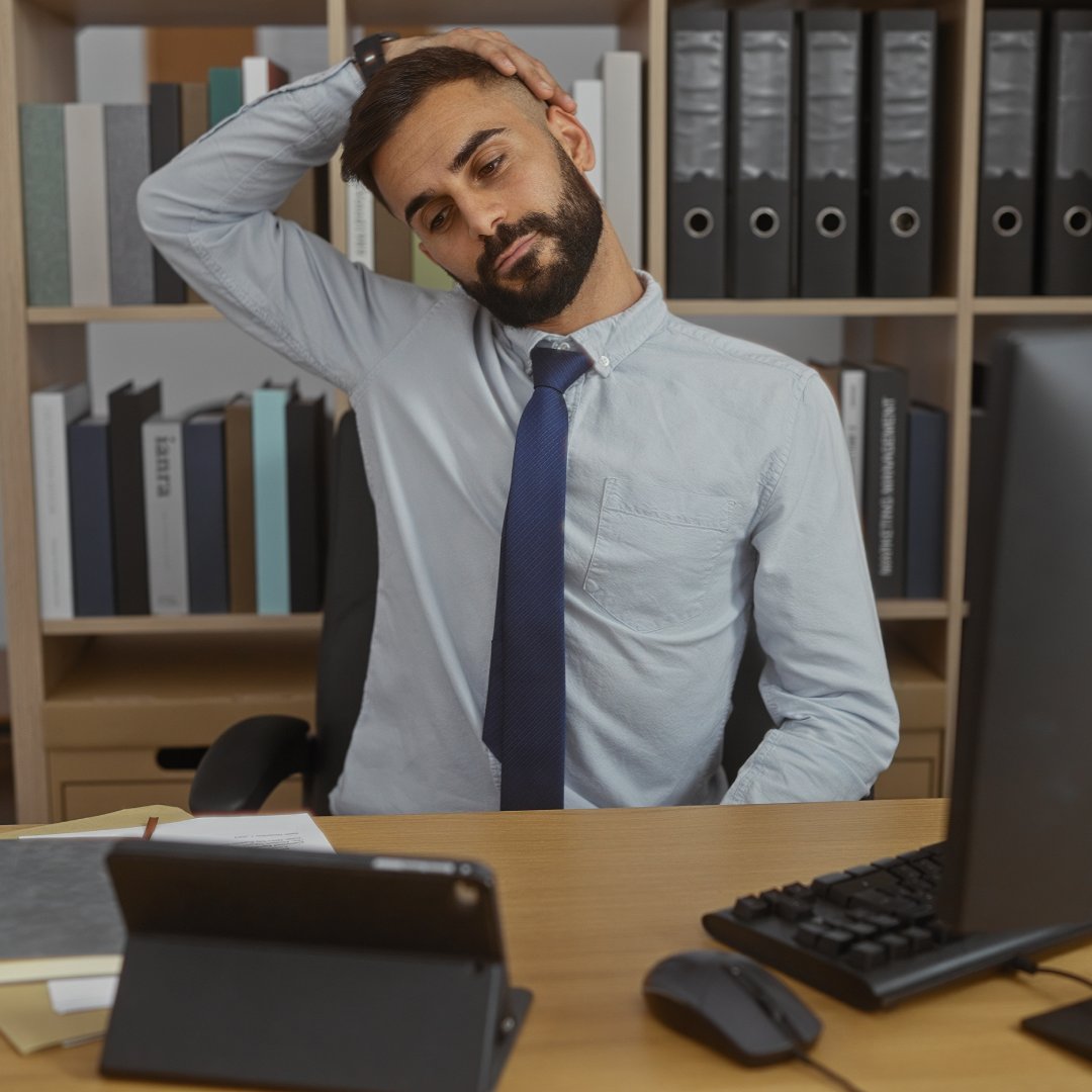 A young male professional sitting at his desk stretching his neck to the left. He's wearing a button up with a tie.